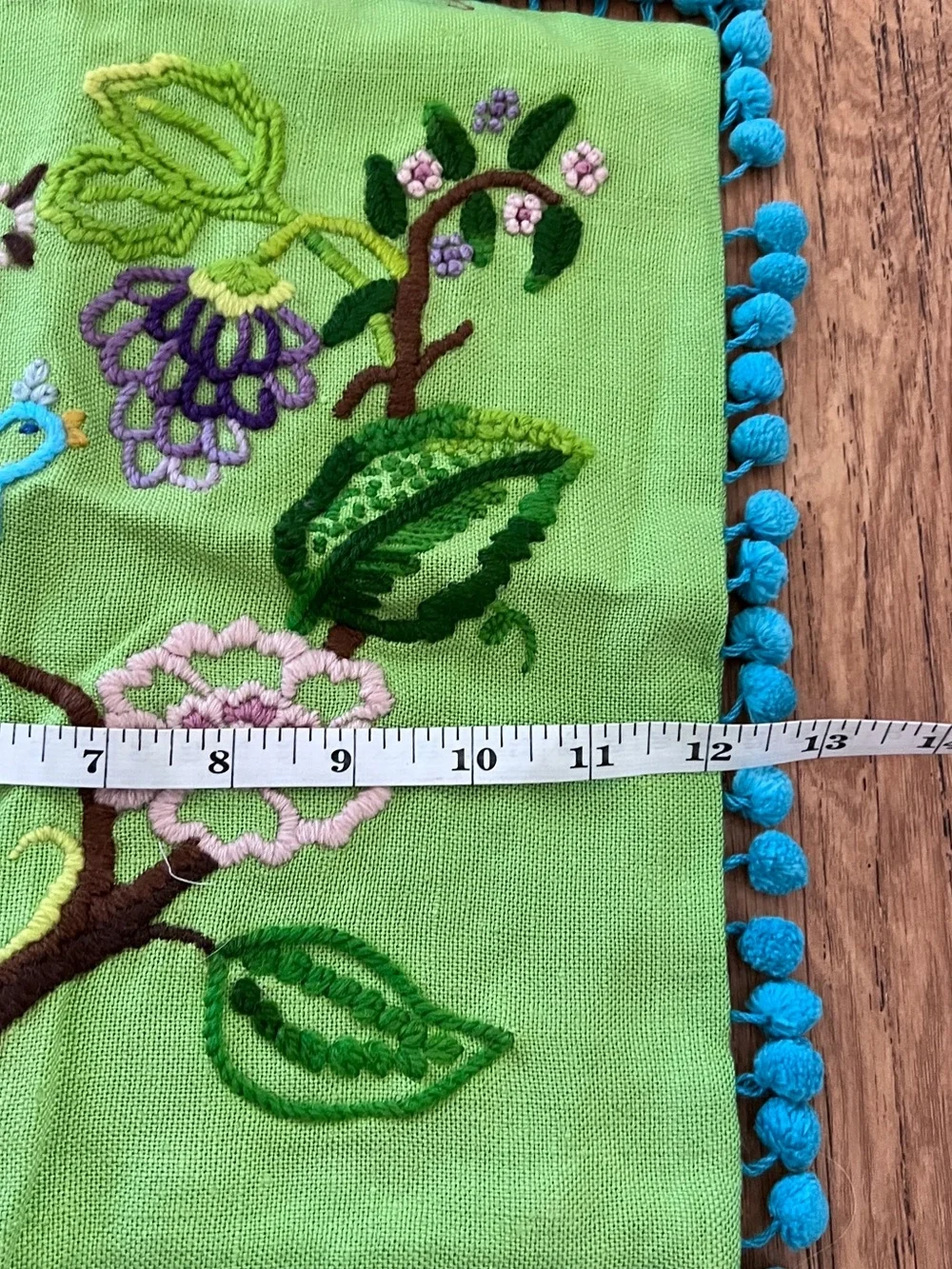 Embroidered Green Floral Accent Pillow Cover with Blue Pom Trim Square boho bird